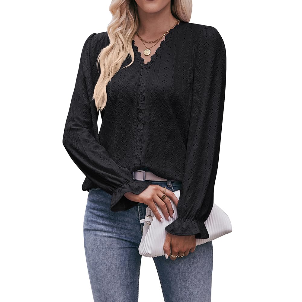 Coloody Blusa de Manga Larga para Mujer Color sólido Suelto Casual Elegante Cuello en V Gasa ​Encaje Camiseta Tops