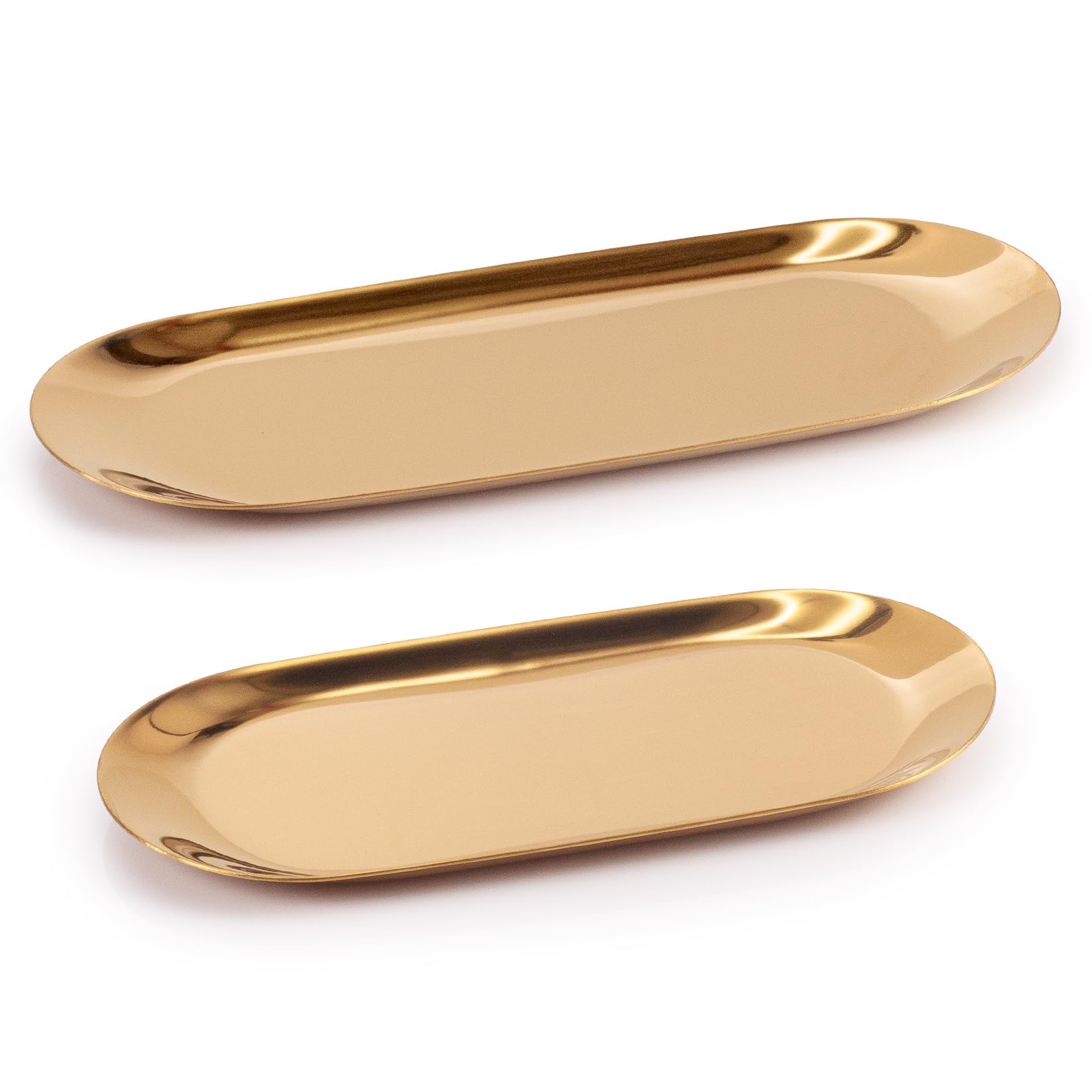 Ehc Gold Decorative Vanity Tray Set Of 2, Trinket Serving Trays, Small Stainless Steel Oval Ornaments Plates For Jewellery Candle Key Cosmetics Dish Plate Bedroom Bathroom,
