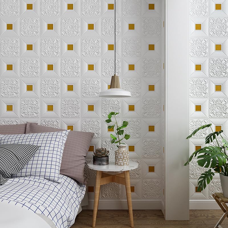 Image of Self-Adhesive Waterproof PE Foam 3D Wall Panels Wallpaper Sticker for Bathroom, Living Room, and Home Decoration (70 x 70cm, Appx. 5.8Sq Feet) (60, White Golden)