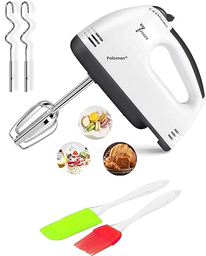Poloman Hand Mixer Easy Mix electric beater for cake making bitter machine Cream WHIPPING BLENDER for Cakes with Base 7 Speed Control and 2 Stainless Steel Beaters, 2 Dough Hooks