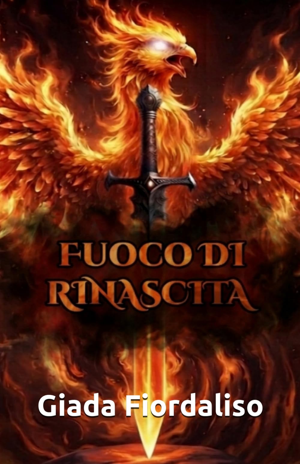 Fuoco di rinascita-Aforismario motivazionale- copertina con fenice e spada infuocata e interni a colori con illustrazioni fantasy