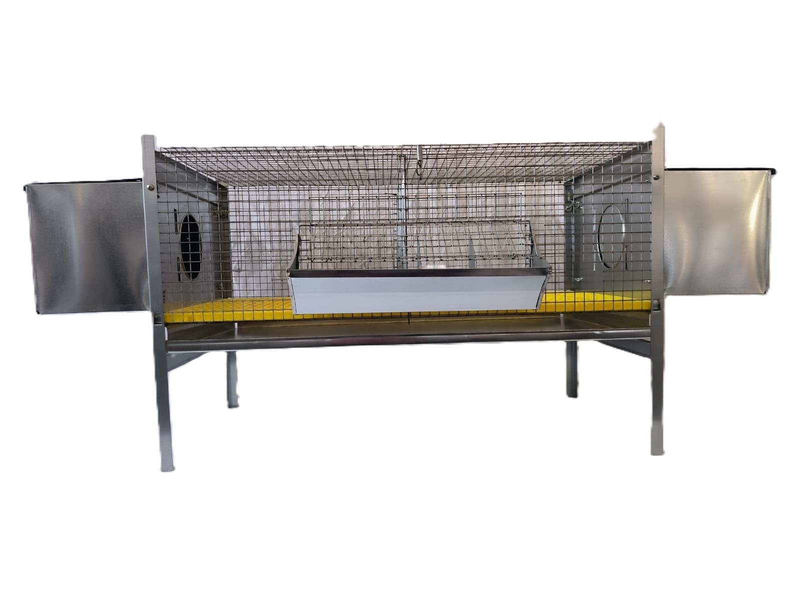Gabbia In Acciaio ZIncato e Rete, per Conigli Fattrici. Compresa di Pavimento in Plastica, 2 Nidi, Abbeveratoi e Mangiatoia.cm 149Lx66Px66H (LE MISURE SONO DELLA GABBIA MONTATA CON ACCESSORI)
