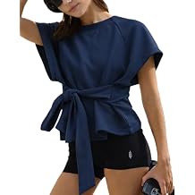SCOFEEL Womens Tie Front Tops Loose Fit Tie Waist Short Sleeve Wrap Tops Crew Neck Tunic Sweatshirt Casual Wrap Shirts