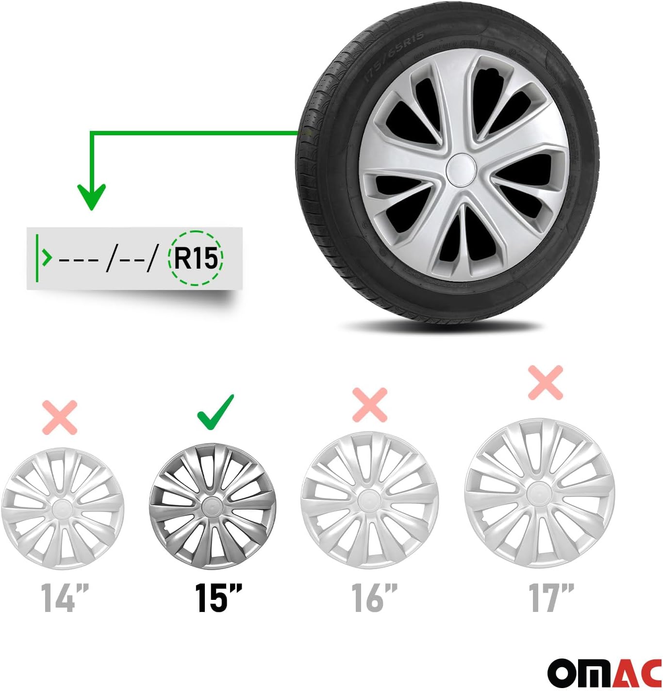 OMAC - ABS Silver Hub Caps 15 Inch Set of 4, Tapas para Rines 15, Premium Wheel Covers 15 Inch, R15 Rim Cover Set, Snap On Durable Car Replacement Exterior Accessories