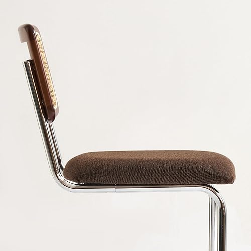 Miniatura 7 de Brown - Juego de 2 taburetes de bar modernos con caña de ratán natural y respaldos de madera maciza, tapicería de 24 pulgadas con patas cromadas de