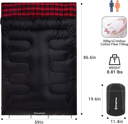 Miniatura 2 de KingCamp Saco de dormir doble para adultos, tamaño Queen para 2 personas, XXL, saco de dormir de franela, impermeable, ligero, con 2 almohadas,