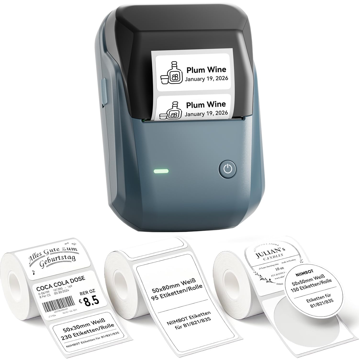 NIIMBOT B1 Etikettendrucker mit 3 Rollen Wasserfester Etiketten Selbstklebend, Tragbarer Beschriftungsgerät Bluetooth Label Printer Aufkleber Drucker für Schulbedarf, Barcode, Logo, Adresse