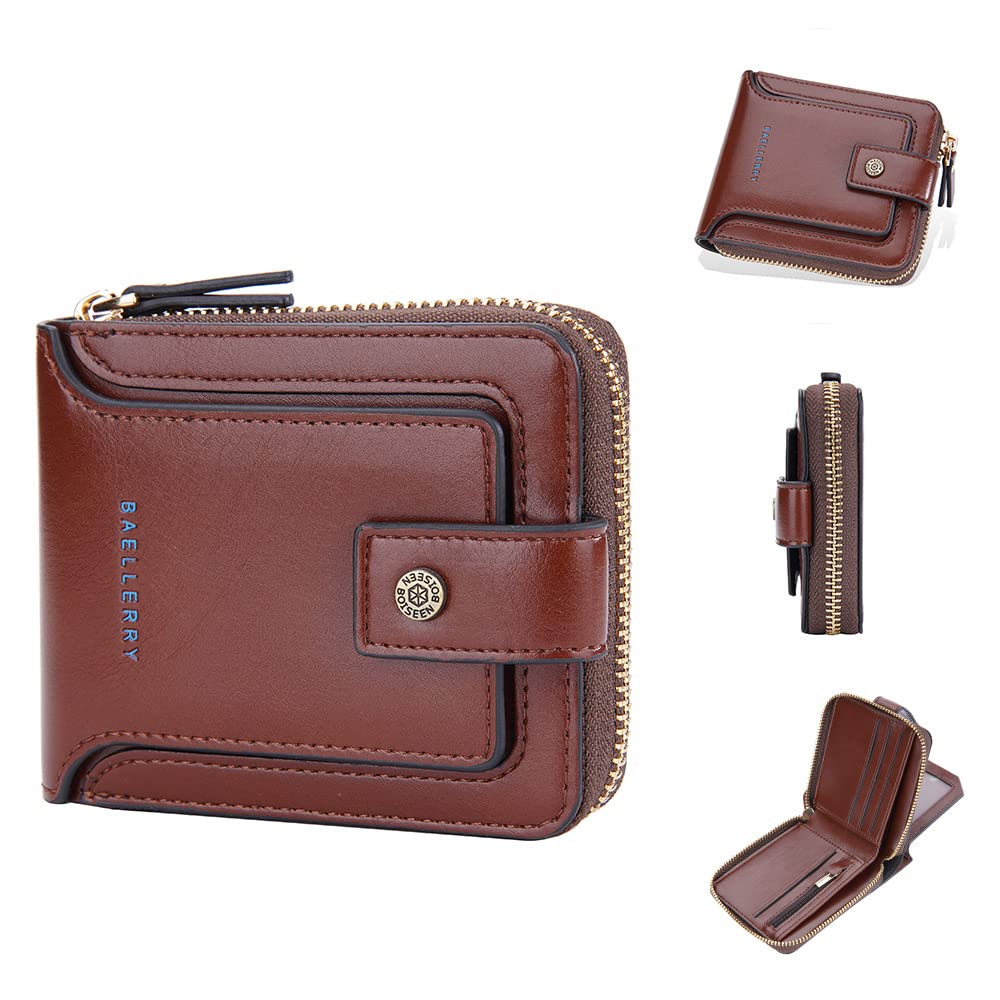Bifold Wallet for Men Zipper Small Wallets Leather Pocket Billfold Card holder Coin Purse (Brown)