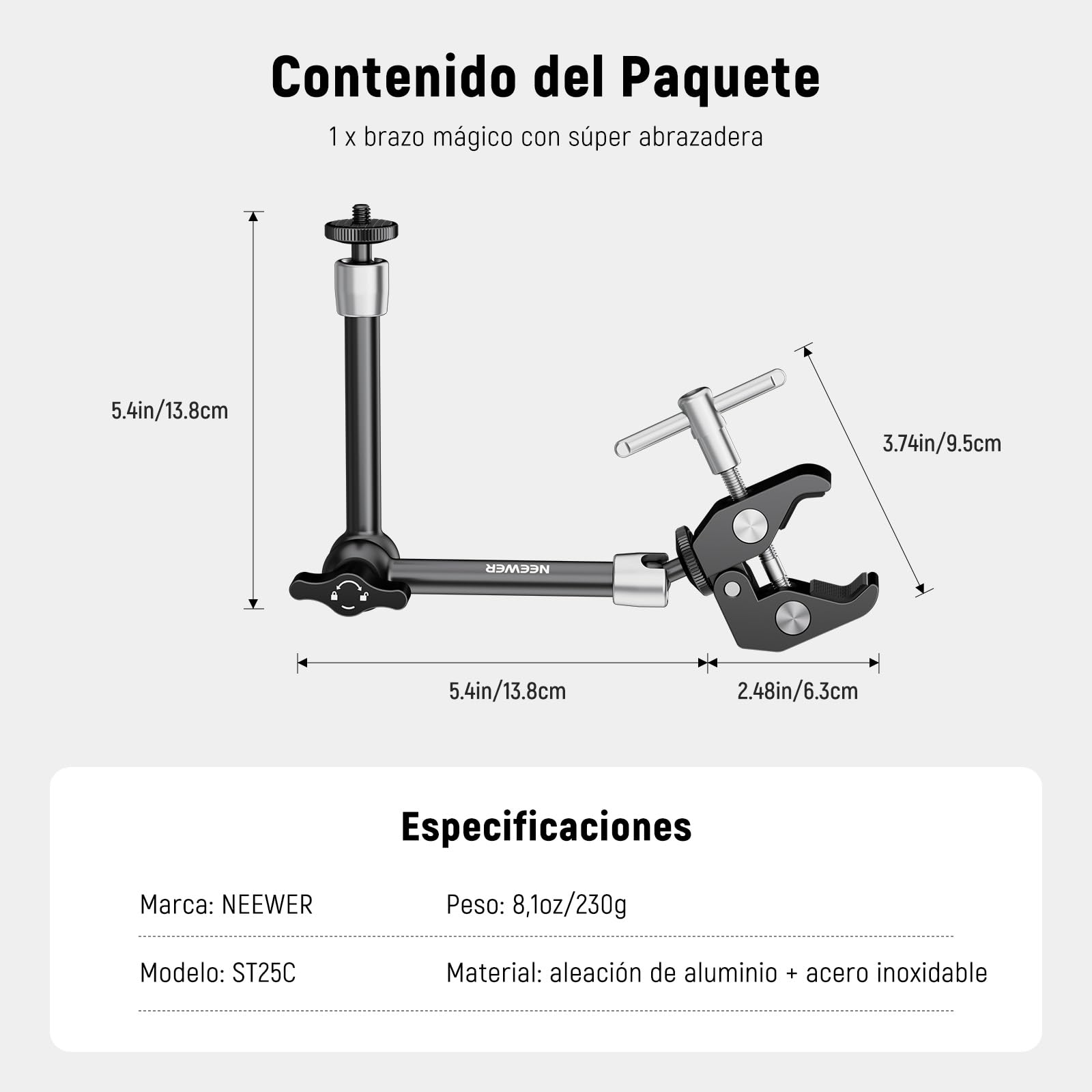 NEEWER Brazo mágico Ajustable de 25 cm con Super Clamp, Rosca de 1/4" y 3/8", Tornillos de 1/4" para Flash/luz LED/micrófono/Monitor Compatible con Jaula de cámara SmallRig, Carga máxima:1.5kg, ST25C