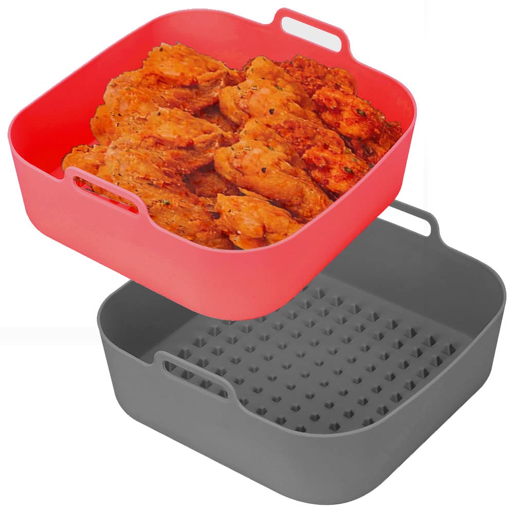 2-Pack Air Fryer Silicone Liners Square - 8 inch Reusable Air Fryer Silicone Pot, Non-stick Silicone Air Fryer Basket, Heat Resistant Easy Cleaning Airfryer Liners Silicone (Red+Grey)