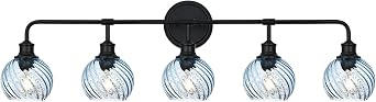 5 Lights Bathroom Vanity Lights with Blue Striped Swirl Glass Globe Shade,Mid-Century Modern Bathroom Sconces Lighting Over Mirror Wall Mount Light Fixture for Living Room,Bedroom,Hallway