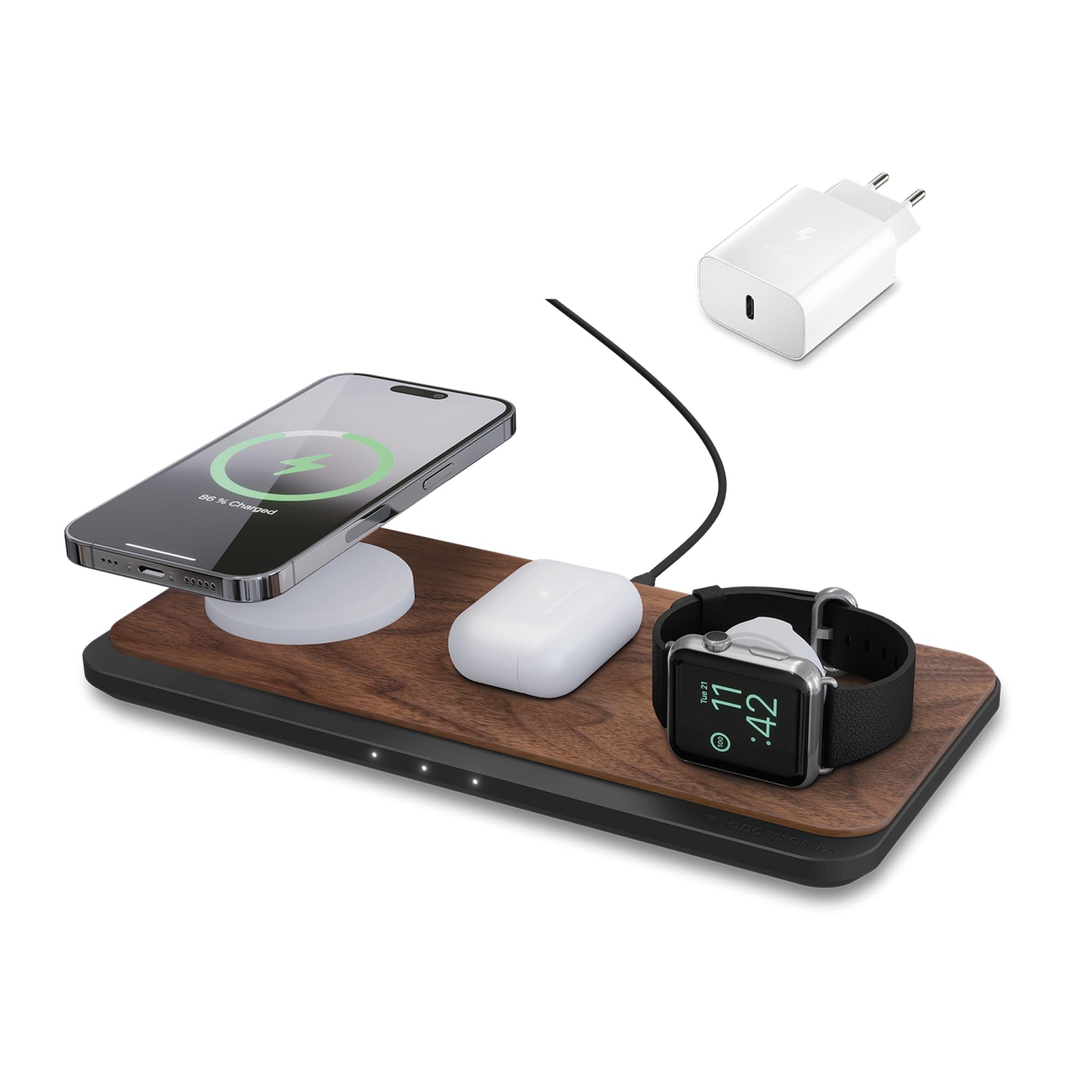 Woodcessories Multibase Pro - Stazione di ricarica 3 in 1 in legno | Magsafe Caricabatterie | Stazione di ricarica induttiva per iPhone, Apple Watch, Air Pods con adattatore da 45 W