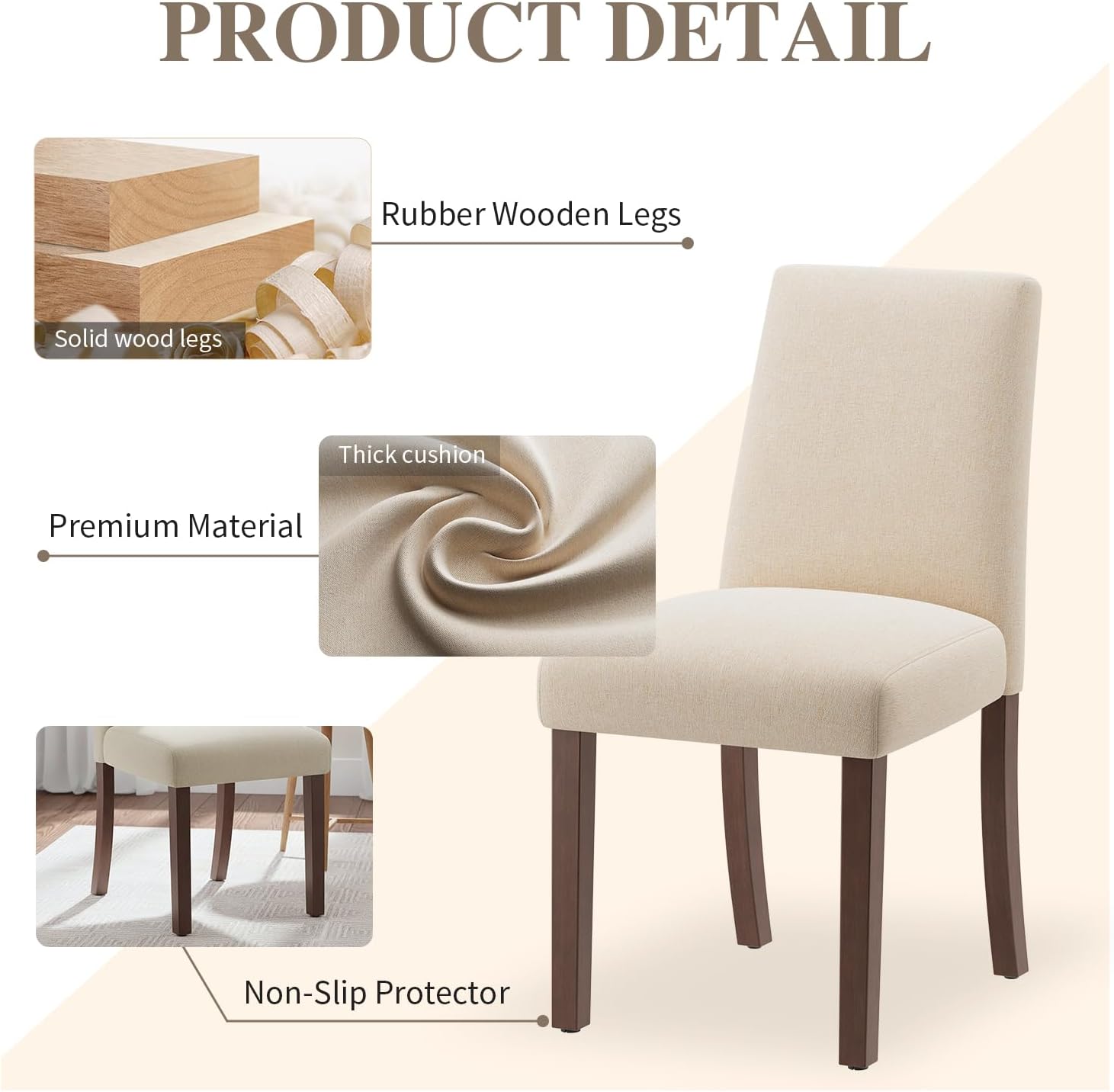 Dining Chairs Set of 4, Modern Dining Room Chairs with Wooden Legs, Upholstered Kitchen Farmhouse Parsons Chairs for Restaurant & Cafe- Beige