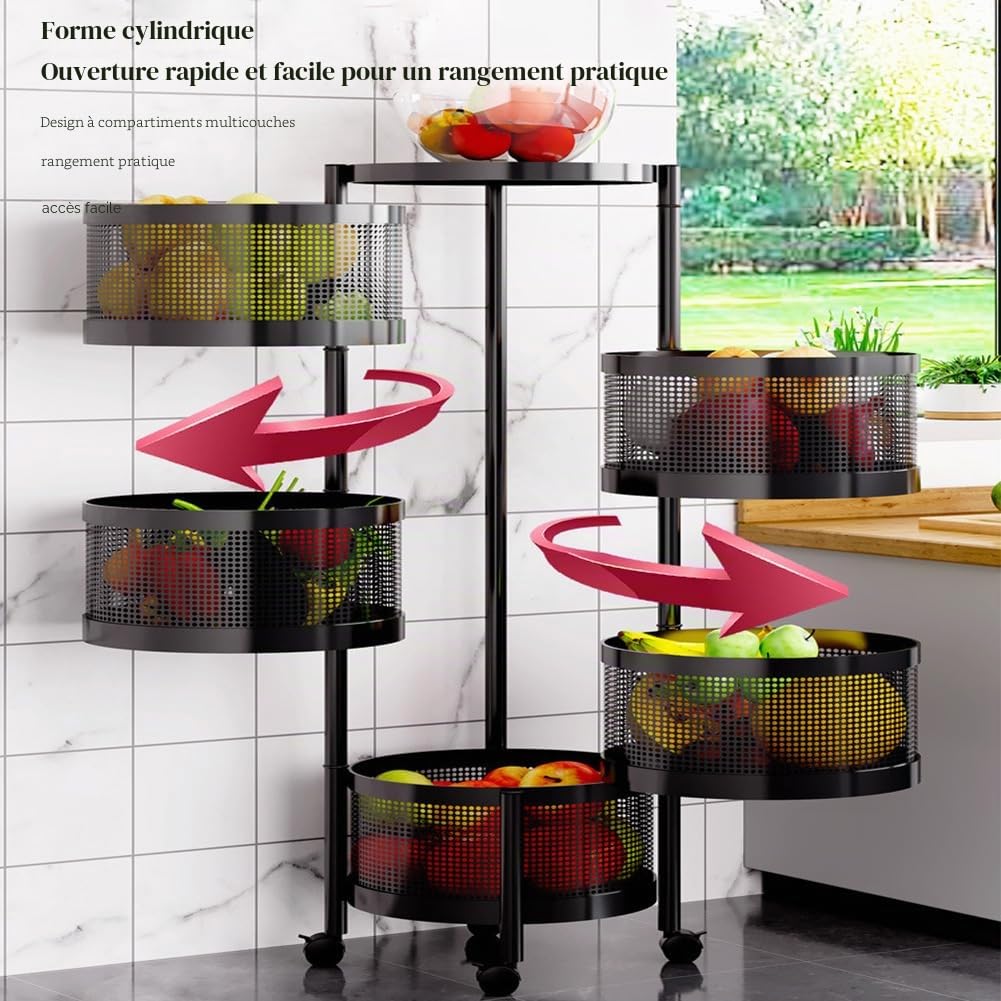 Chariot de service en métal avec roulettes, 5 niveaux, rond, 90 x 30 cm de diamètre, pour légumes, cuisine, salle de bain, chambre d'enfant et bureau (noir)