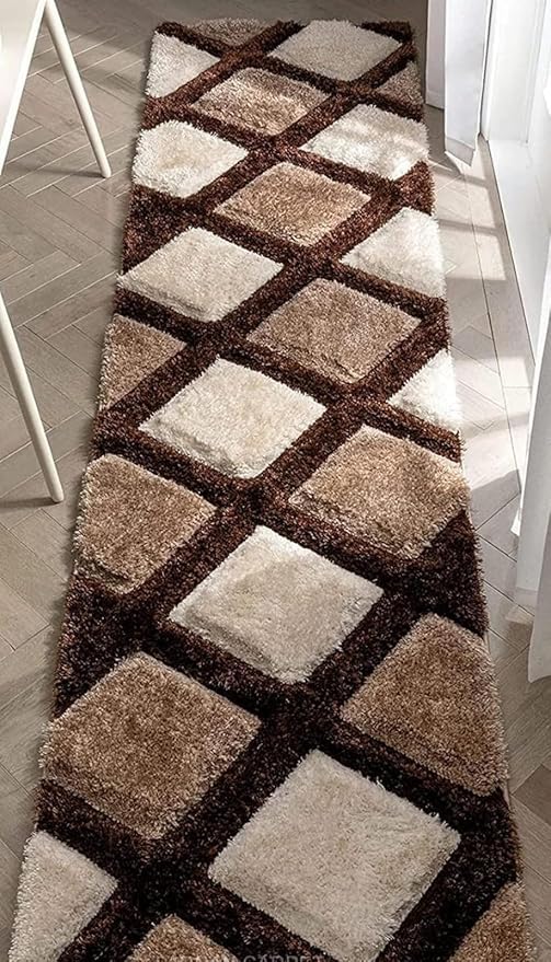 Image of Premium Soft Shaggy Runner Rug 2x6 Feet for Hallway, Bedroom & Living Room | Modern Geometric Pattern Carpet | Fluffy Bedside Floor Mat | Non-Slip Long Runner for Home Decor