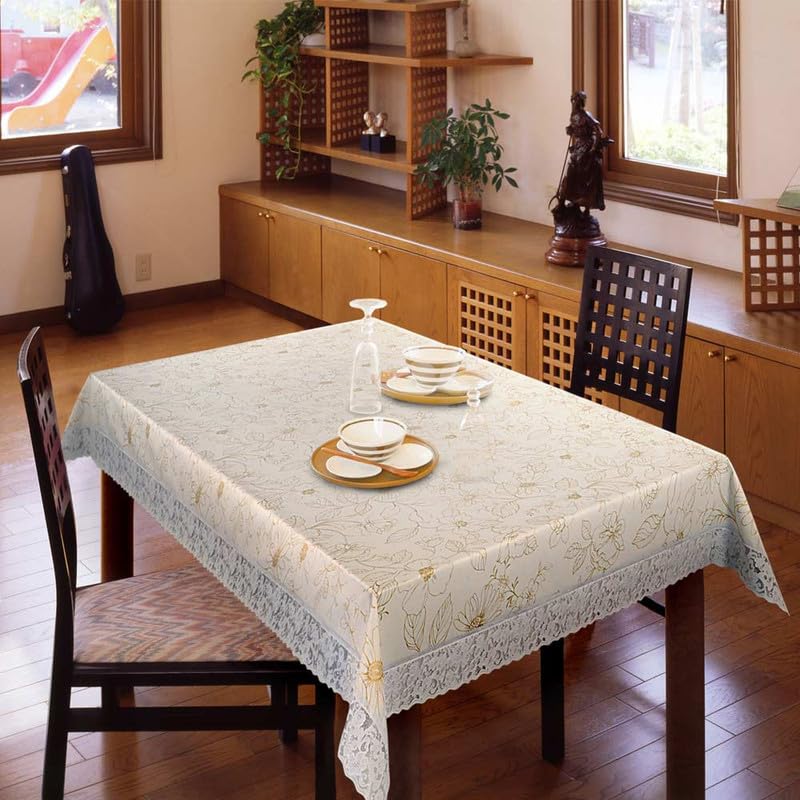 Freelance PVC Vinyl Tuscany Flannel Backing Dining Plastic Table Cover Cloth - Waterproof Protector, 6-8 Seater, Oblong/Oval 60 X 90 inches (with White Border Edge Lace) - Product of Meiwa, Japan