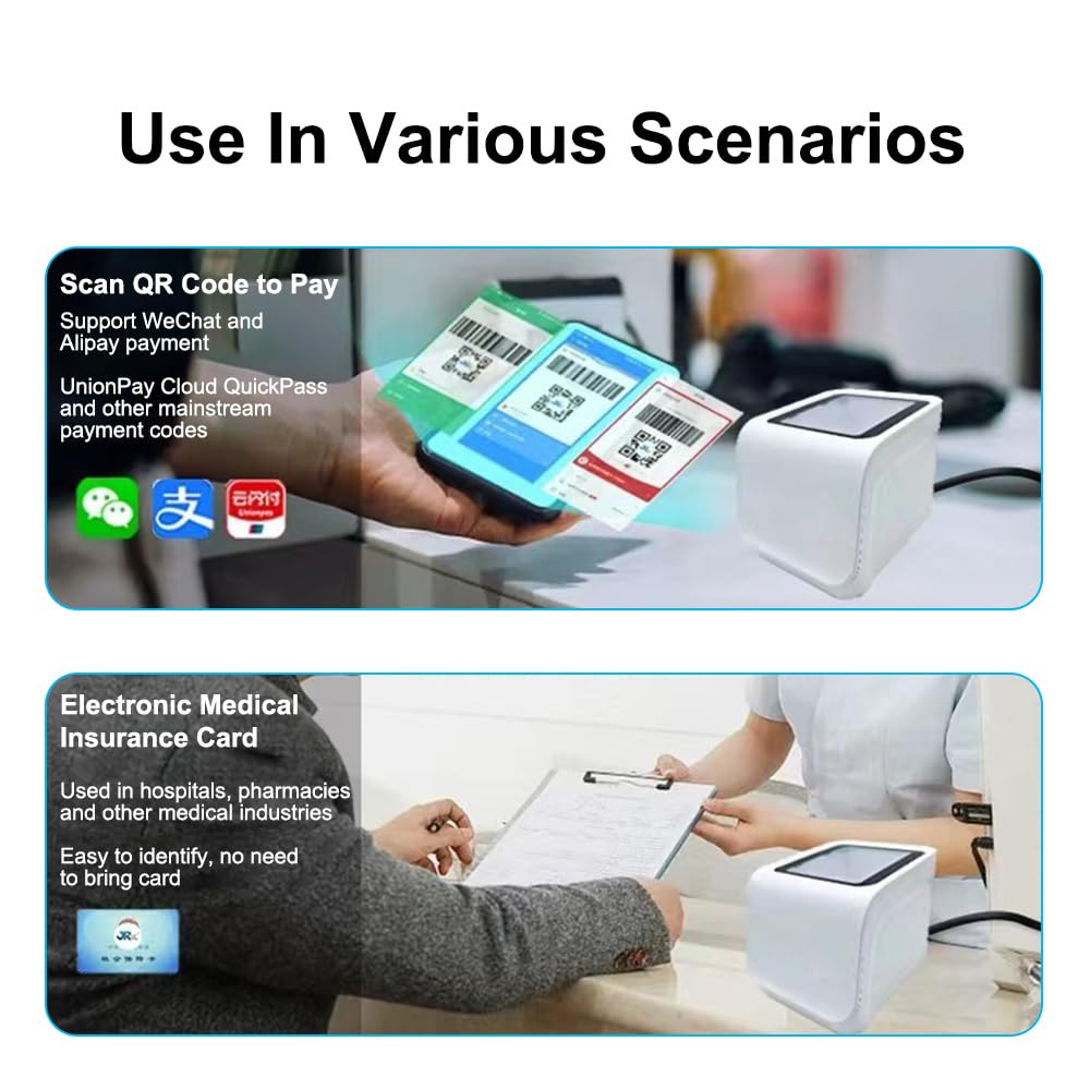 docooler Lettore di codici a barre desktop QR Lettore di codici a barre cablato USB con sensore automatico per codici di pagamento mobile Lettore di codici a barre cablato USB
