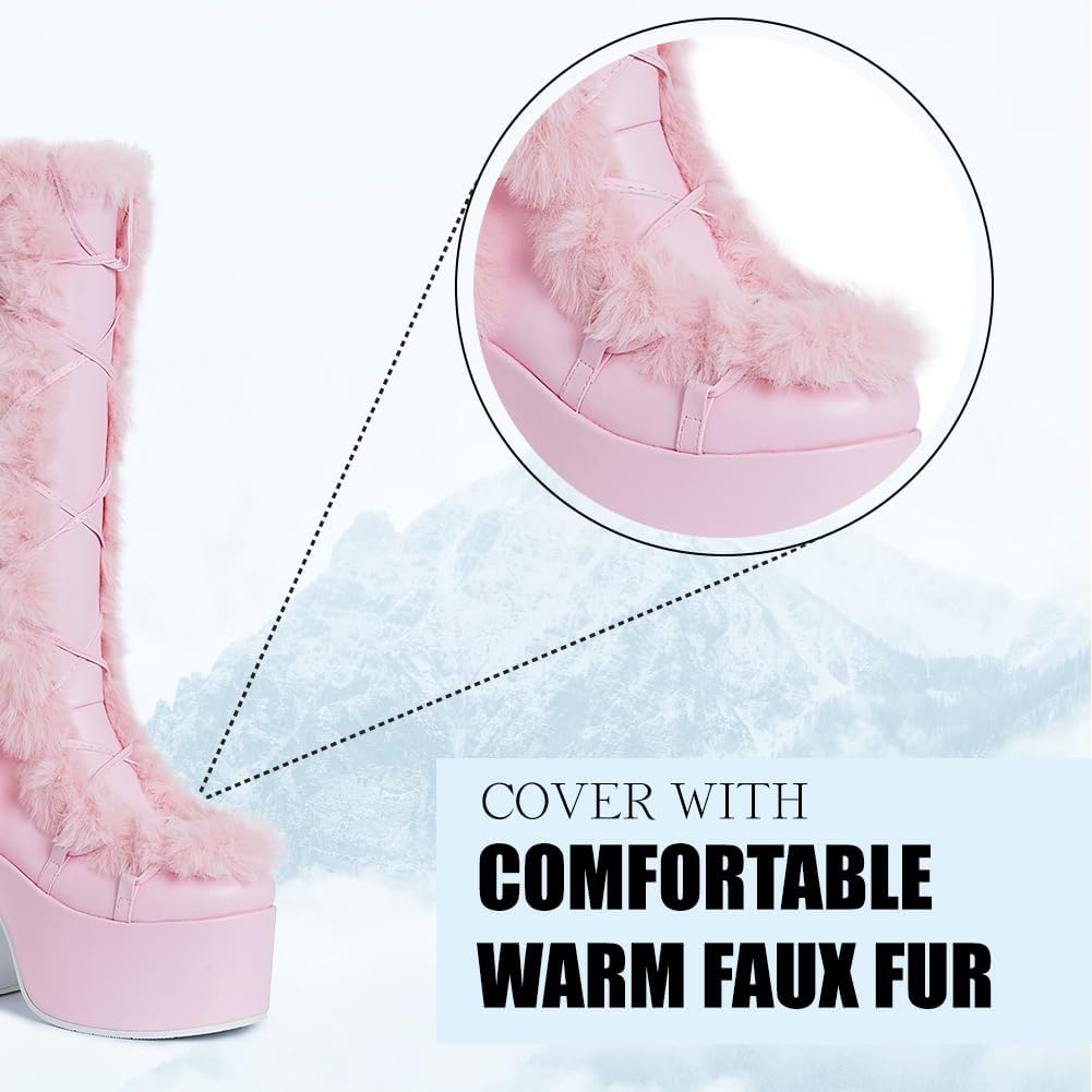 CELNEPHO Platform Knee High Boots Gothic Faux Fur Block Heel Winter Shoes image 5