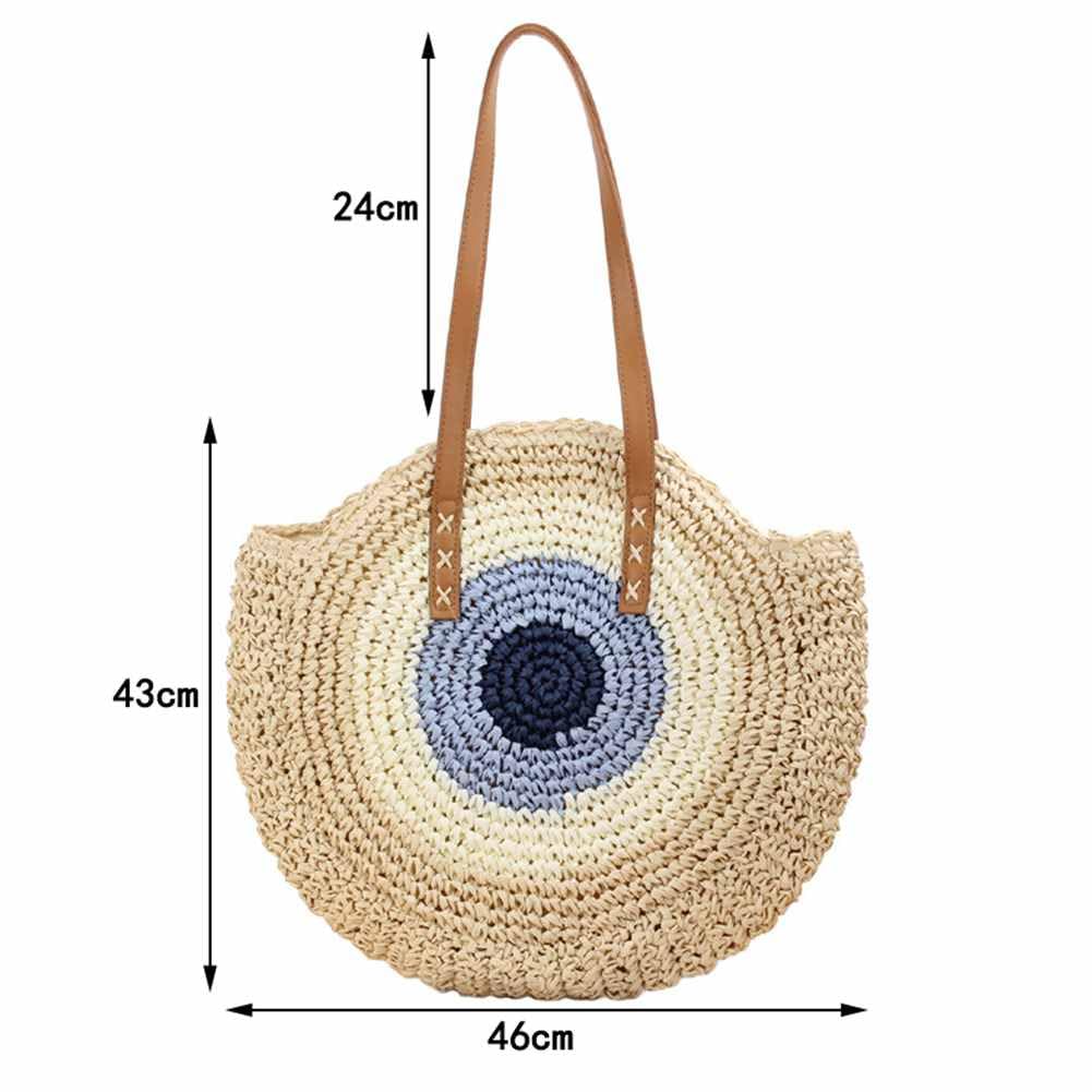 Damen Runde Strohtasche Vintage Handgemachte Umhängetasche Große Kapazität Strandtasche Böhmische Schultertasche Korbtasche mit Reißverschluss Geflochten Tasche für Reisen Urlaub Schwarz
