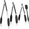 Pinzas de cocina para cocinar, 3 pinzas de 7", 9", 12" + Brocha de aceite, resistentes al calor 600°F, puntas de silicona antideslizantes, pinzas de metal pesado con seguro, negro, ensalada, parrilla BBQ, pasta, aptas para lavavajillas 1