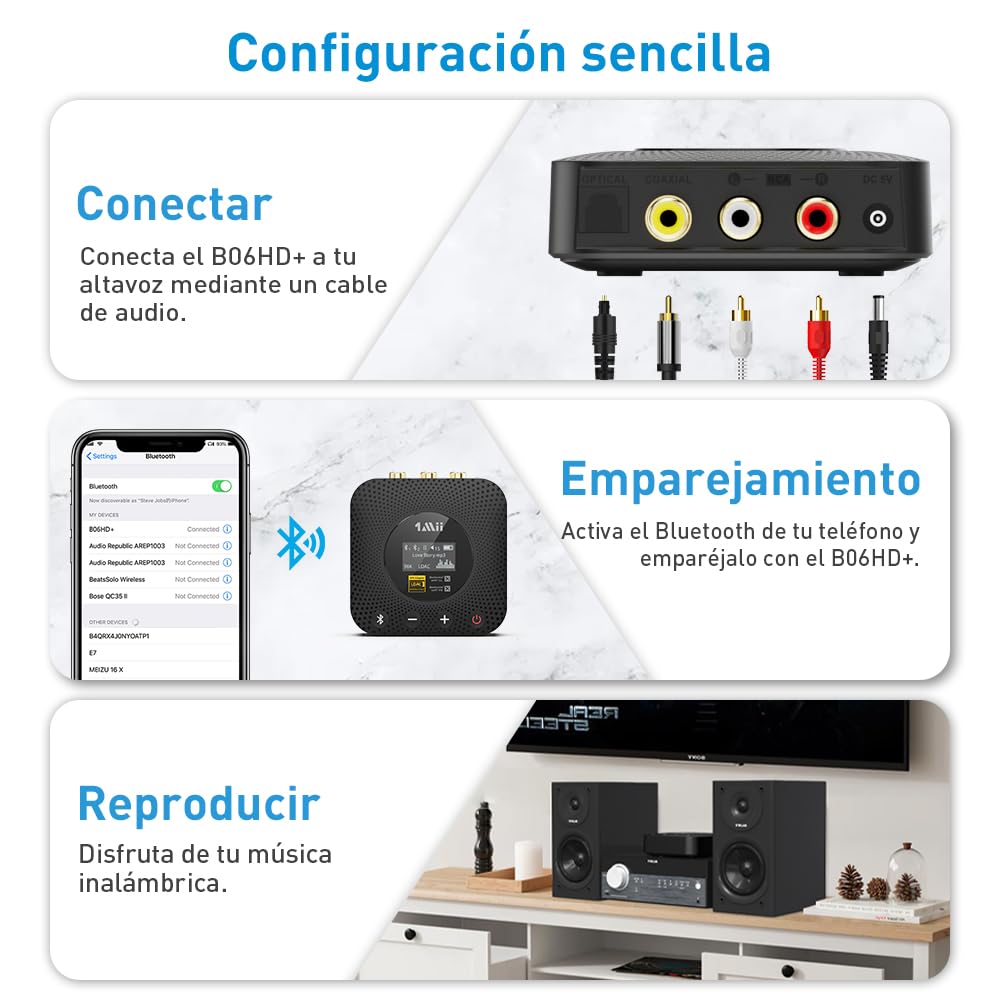 1Mii B06HD+ Receptor de Música Bluetooth 5.3 de Alta Resolución para Estéreo Doméstico con LDAC, HiFi Bluetooth Adaptador de Audio con Audiófilo DAC, Control de Volumen, aptX HD, Pantalla OLED