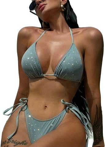 YAUASOPA Womens Metallic Shiny Bikini Sets Sequin Glitter Swimsuit Adjustable Side Tie Thong Bathing Suit Triangular Top
