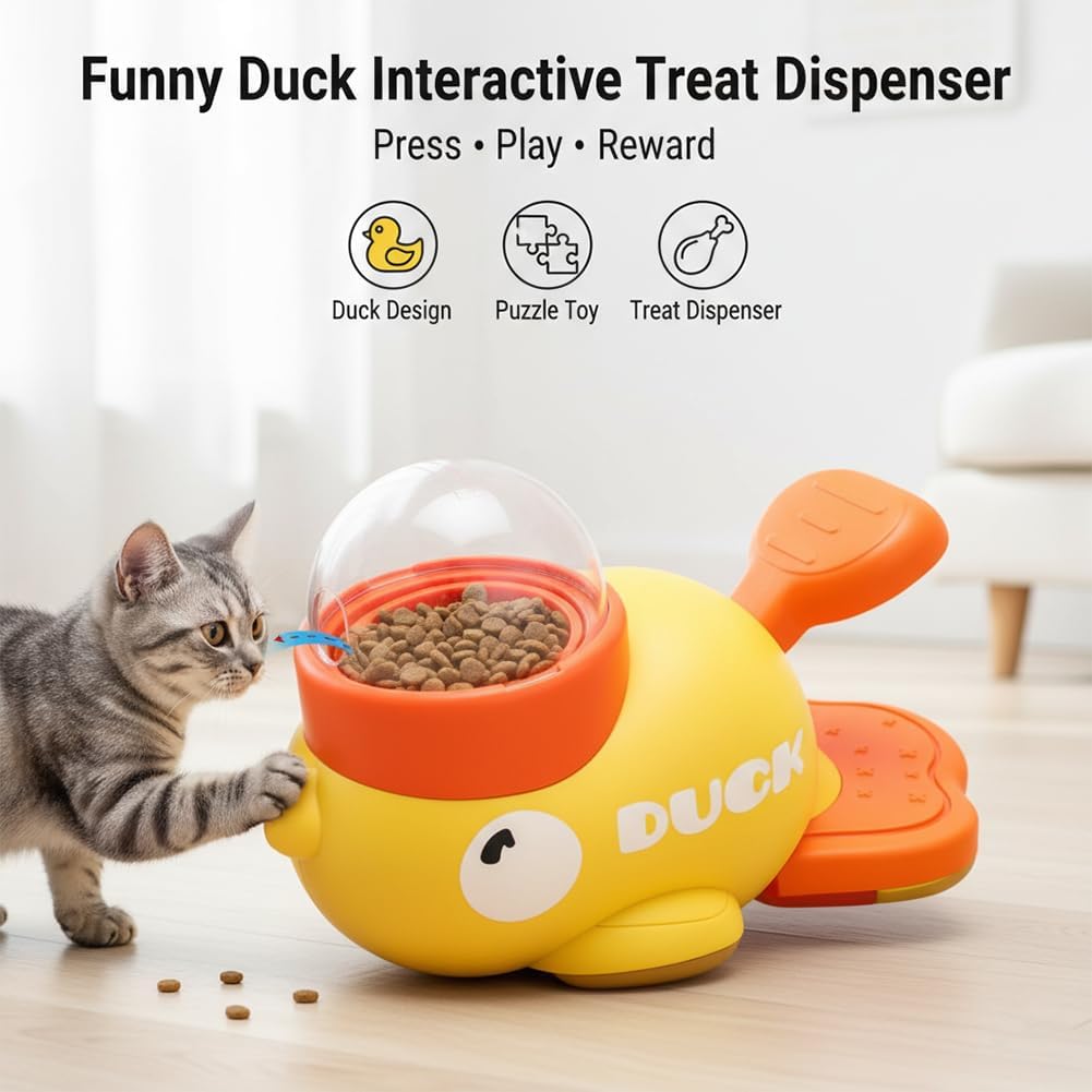 2026 Funny Duck Cat Treat Dispenser, with 3 Lid, 2-in-1 Interactive Puzzle Feeder & Slow Feeder, Press-to-Dispense IQ Training Toy for Cats and Small Dog, Anti-Gulping Healthy Eating Pet Toy (2pcs C)
