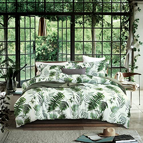 MILDLY 100% Long-Staple Cotton Duvet Cover Set Green Palm Leaf Pattern Printed Comforter Cover 3pcs, Ultra Soft & Breathable Bedding Set