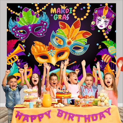 Image of Masquerade Theme Backdrop | Theme Birthday Decoration | Happy Birthday Banner for Kids (Pack of 1, Multicolor, Size: 5x4 Feet)