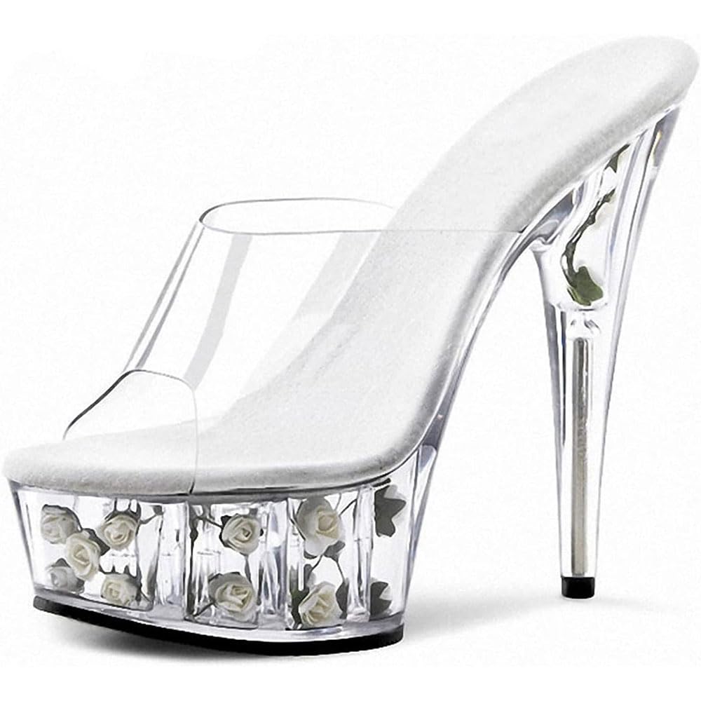 Hyfzxwx Women's K Clear High Heels Red Rose Platform Mules Sandals Sexy Stripper Club Pole Dance Wedding Dress Party Shoes Large Size /K/37Eu