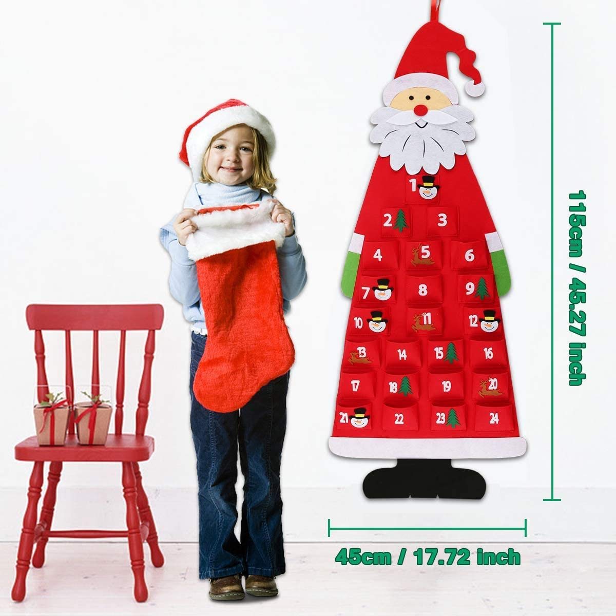 Calendario Dell'Avvento Di Natale In Feltro A Forma Di Casa Con Decorazioni Staccabili, 65x34 Cm - 5