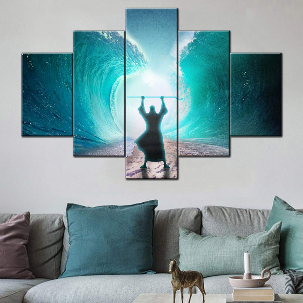 bpa Islamic Wall Decor the Man of God Pictures Moses Separate the Sea Paintings Religious Artwork 5 Pcs/Multi Panel Canvas Home Decor for Living Room Giclee Wooden Framed Ready to Hang(60''Wx40''H)