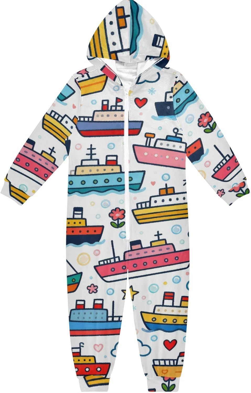 Cartoon Cute Colorful Ship Zip Up Onesie Pajamas Hooded One-Piecing Sleeper Loungewear Parties Sleepovers
