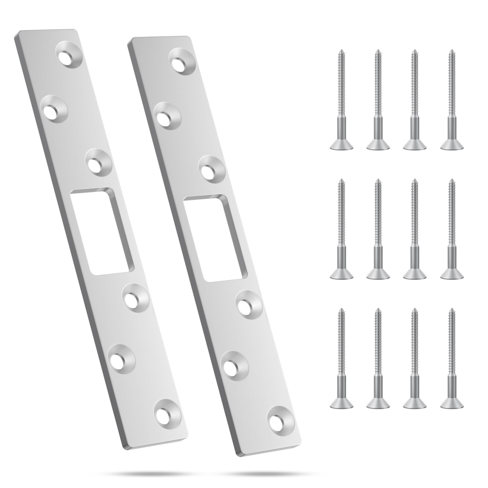 RO6G 72001 Brushed Satin Nickel Lock Short Strike Plate with 12 Screws, Door Knob/Deadbolt Cover Plate, Stainless Steel Security Latch Strike - 2 Set