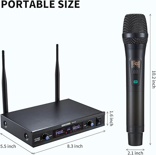 Miniatura 6 de SIKUING Sistema de micrófono inalámbrico, micrófono dinámico inalámbrico dual Pro UHF de metal, frecuencias ajustables de 2 x 30, sistema de