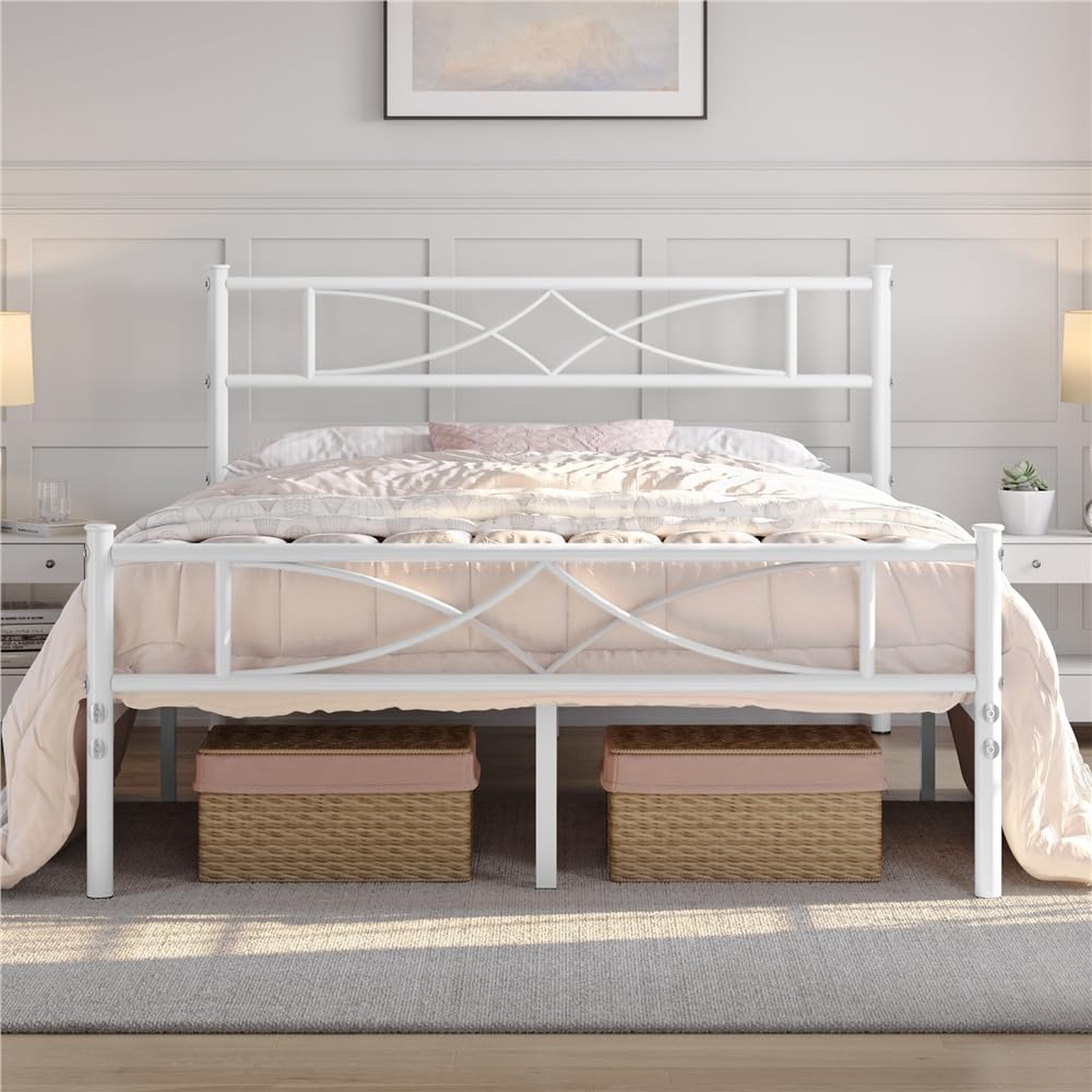 Yaheetech Cadre de Lit 140x200 cm avec Sommier, Lits en Métal Double pour Adultes 2 Personnes Deux Places, Sommier à Lattes et Tête de Lits, 32cm Espace de Rangement, Assemblage Simple, Blanc | Cadre de lit double avec espace de rangement Structure métall