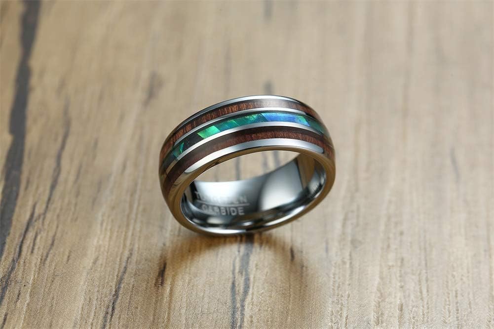 MZZJ Free Laser Engraving 8MM High Polish Tungsten Carbide Abalone Shell and Koa Wood Inlay Domed Comfort Fit Ring Engagement Wedding Ring Band for Men Women,Wooden Tungsten Ring, Size 7