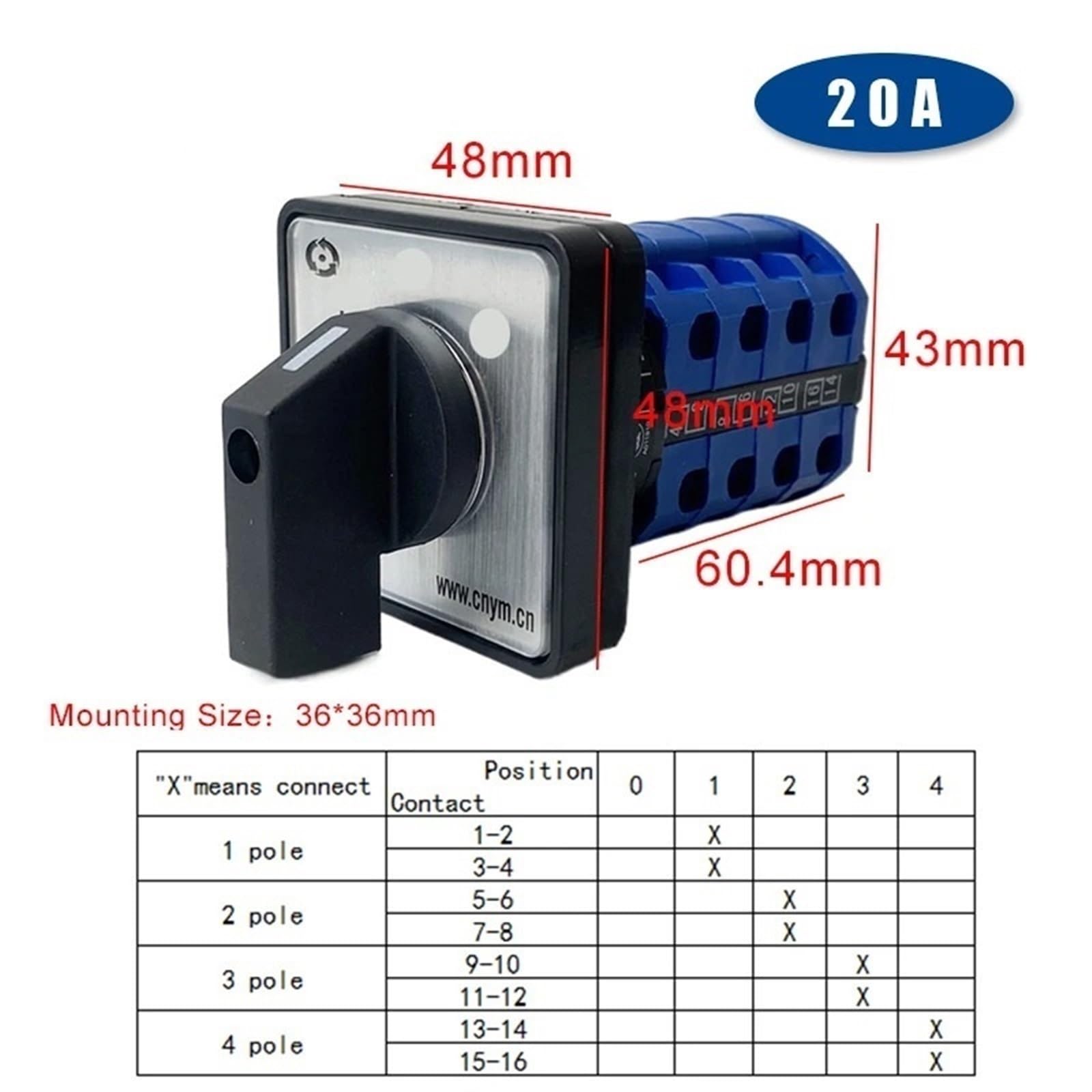 Commutatore Elettrico a camma rotativa con commutatore Elettrico a 4 Poli 20A 2/3/4/5 Posizioni contatti Argento YMW26 LW26-20/4 (Size : 0-4)