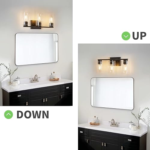 Miniatura 4 de WILON Lámpara de tocador de baño, 3 lámparas negras de luz, luz de tocador moderna con pantalla de vidrio transparente, luces de base E26 sobre