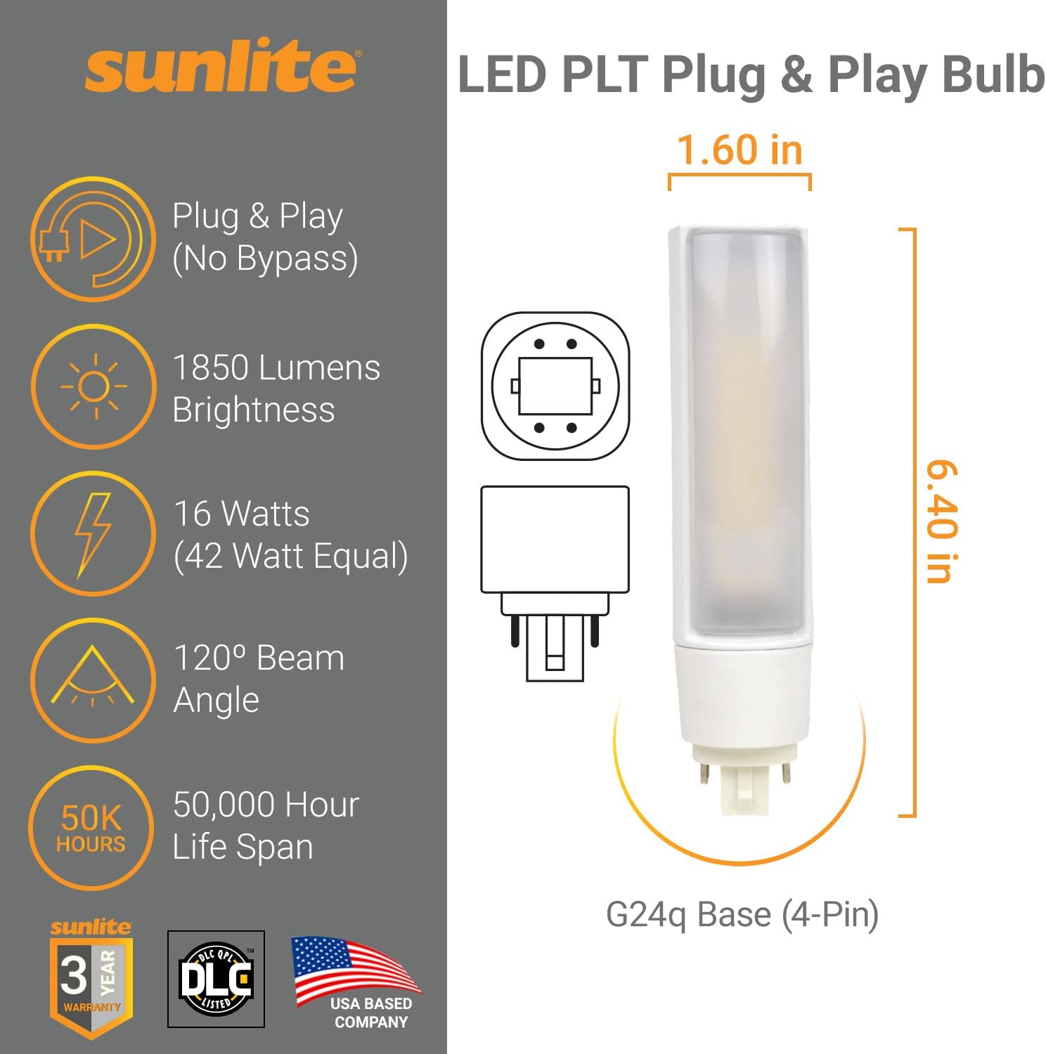 SUNLITE 41432-SU LED Plug & Play PL Horizontal Light Bulb, 16 Watts (42W CFL Replacement), G24q Base, Ballast Dependent, DLC Listed, 6 Pack, 40K-Cool White