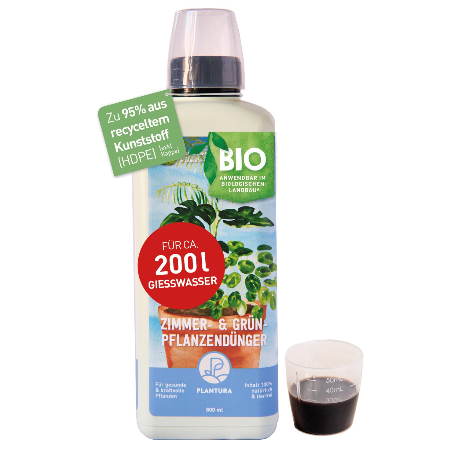 Plantura Bio-Zimmerpflanzendünger, hochwirksamer Flüssigdünger für Zimmerpflanzen, Grünpflanzen & Palmen, rein organisch, mit Dosierhilfe, 800 ml