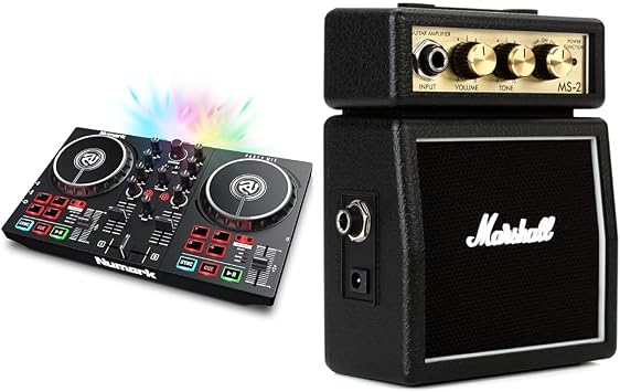 Numark Party Mix - DJ Controller with Party Lights, 2-Deck Mixer, Audio Interface and USB Connectivity + Serato DJ Lite & Marshall MS2 Micro Amp - Black