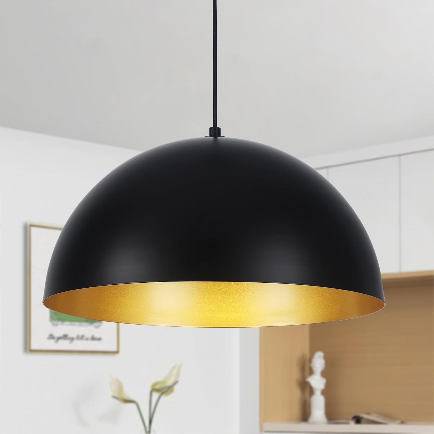 18 inch Black Dome Pendant Light, Modern Farmhouse Pendant Light, Large Pendant Lamp for Kitchen Island Dining Room Bedroom Hallway Foyer Black and gold