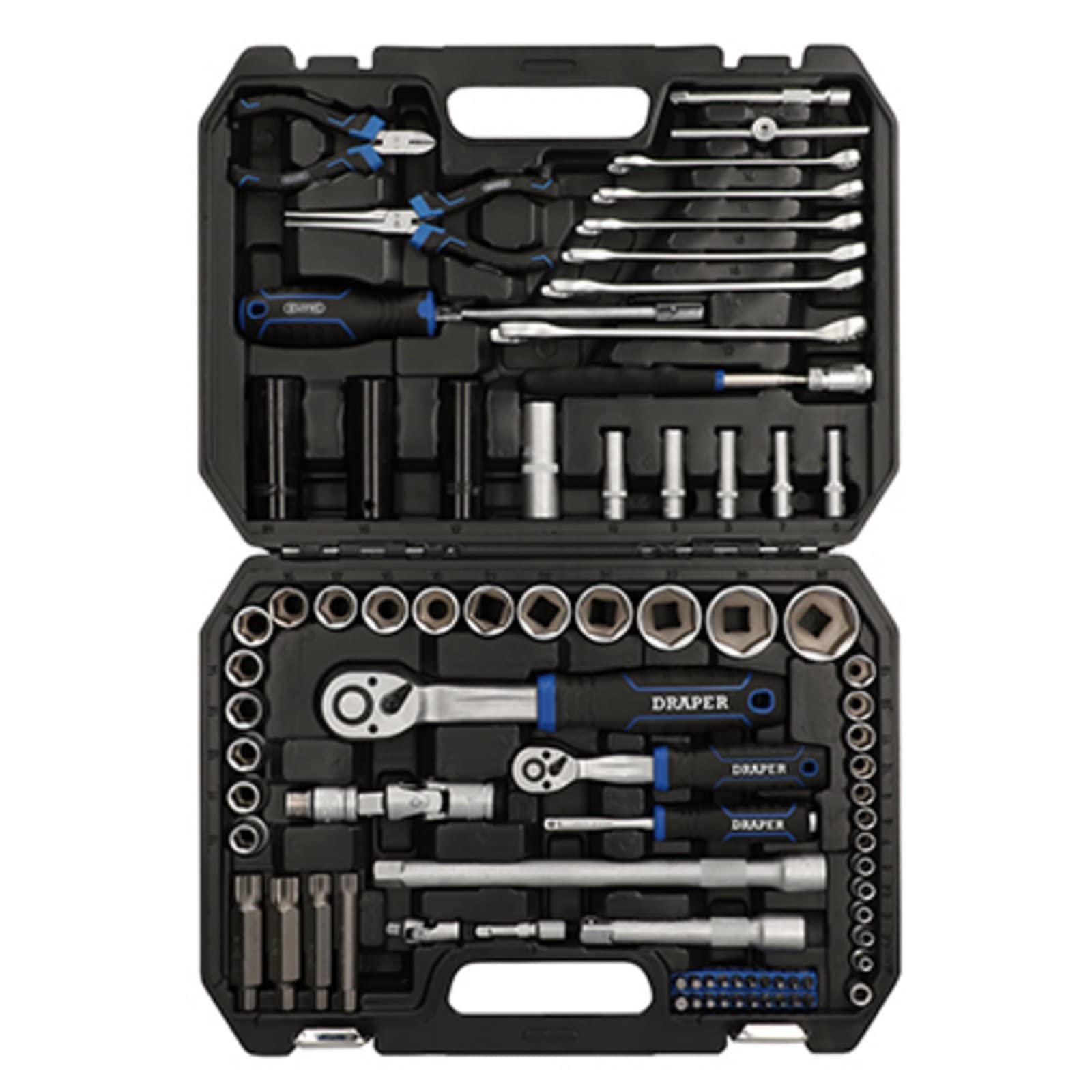 Draper 21444 Hi-Torq 1/2" i 1/4" sq. Dr, zestaw nasadek z grzechotką Quick Release, 83-częściowy do majsterkowania, warsztatu i garażu