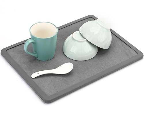 Tapete de secado de platos de piedra para encimera de cocina, envuelto en silicona para limpiar fácilmente las manchas, almohadilla de platos para