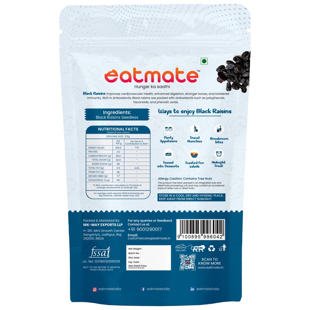 Eatmate Premium Black Raisins Seedless 250g | Naturally Sweet Kishmish | Soft & Flavorful Dried Grapes | Perfect for Snacking, Baking, Desserts & Traditional Recipes 2