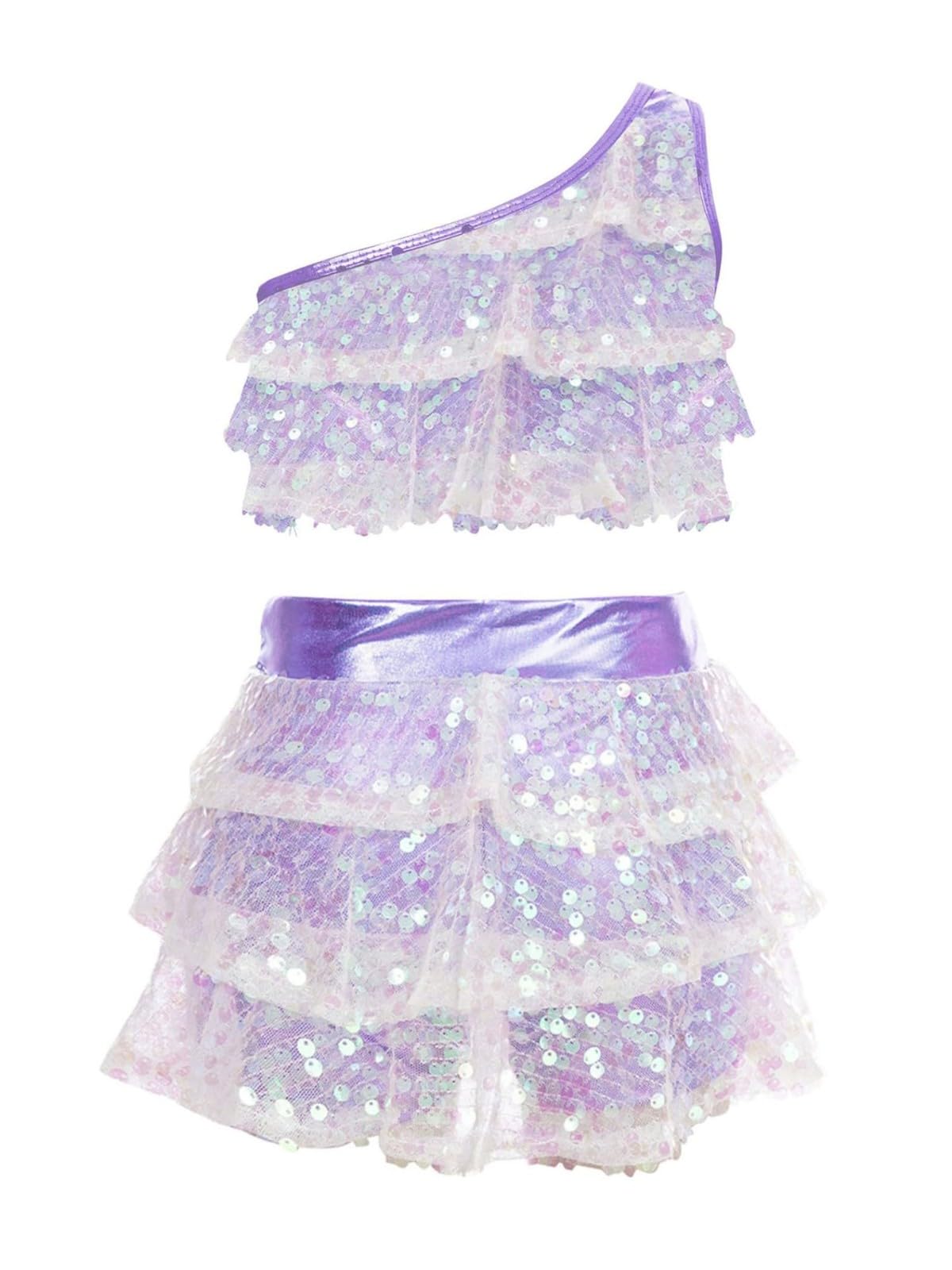 Traje de baile de lentejuelas de dos piezas para niñas, elástico, ajuste cómodo, falda y top para fiesta de baile