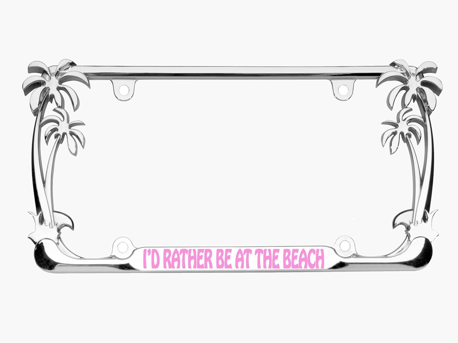 I'd Rather Be at The Beach Style Palm Tree Heavy Duty Metal License Plate Frame Personalise/Car Accessories Car Tag Holder Cover (Chrome/Black)
