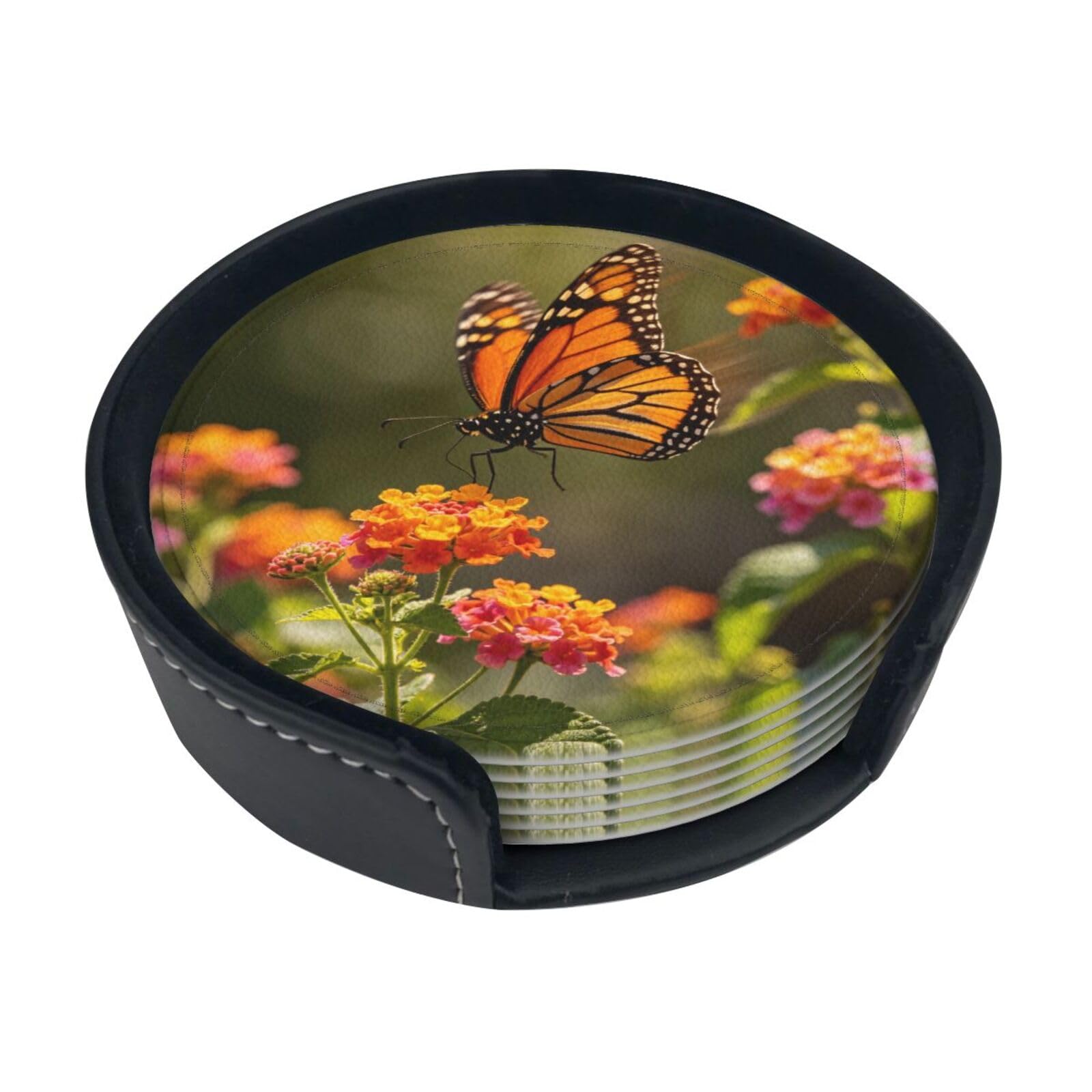 Color Butterfly Art Leather Coasters-Set of 6 with Storage Holder