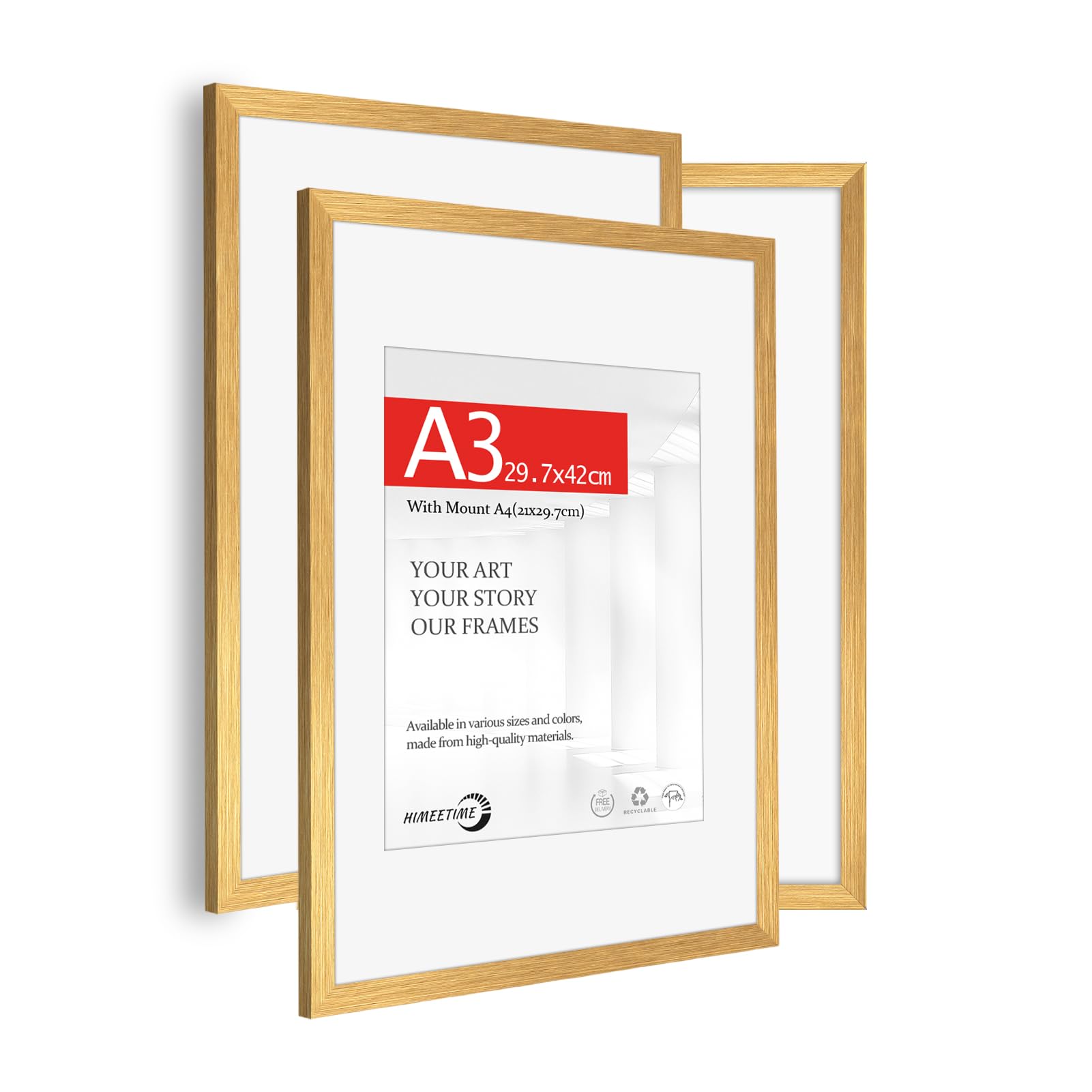 HIMEETIME® 3x A3(29.7x42cm) Picture Frame Brushed Gold Wood,A3 Photo Frame with Mount for A4(21x29.7cm) — Includes HD Perspex,Wall Mountable